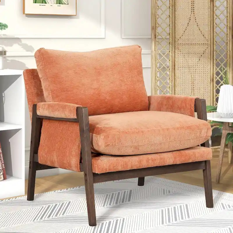 Akzentstuhl aus Massivholz im Mid-Century-Stil mit Samtbezug und dickem Sitzkissen