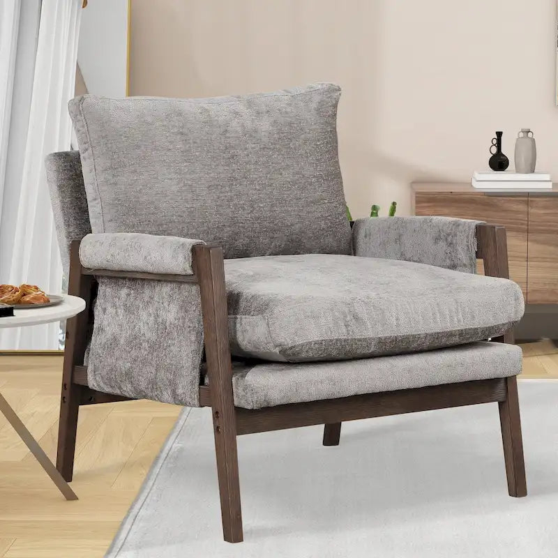 Akzentstuhl aus Massivholz im Mid-Century-Stil mit Samtbezug und dickem Sitzkissen