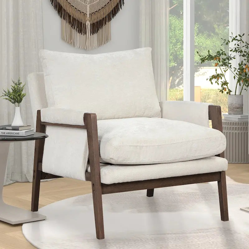 Fauteuil d'appoint du milieu du siècle en velours et bois massif avec coussin d'assise épais