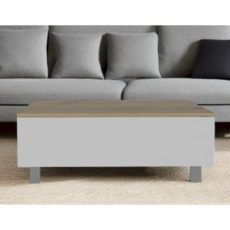 Table basse rectangulaire relevable en bois d'ingénierie blanc et chêne clair, avec tiroir et tablette - 21.4 H x 31.5 W x 21.4 D