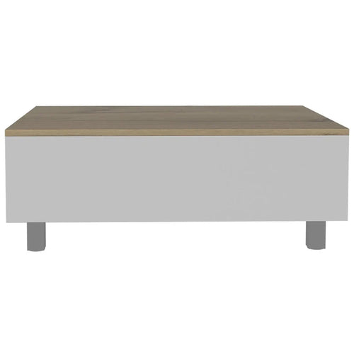 Mesa de centro rectangular de madera manufacturada blanca y roble claro, con tapa elevable, cajón y estante - 21.4 H x 31.5 W x 21.4 D
