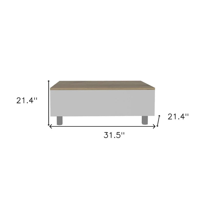 Table basse rectangulaire relevable en bois d'ingénierie blanc et chêne clair, avec tiroir et tablette - 21.4 H x 31.5 W x 21.4 D
