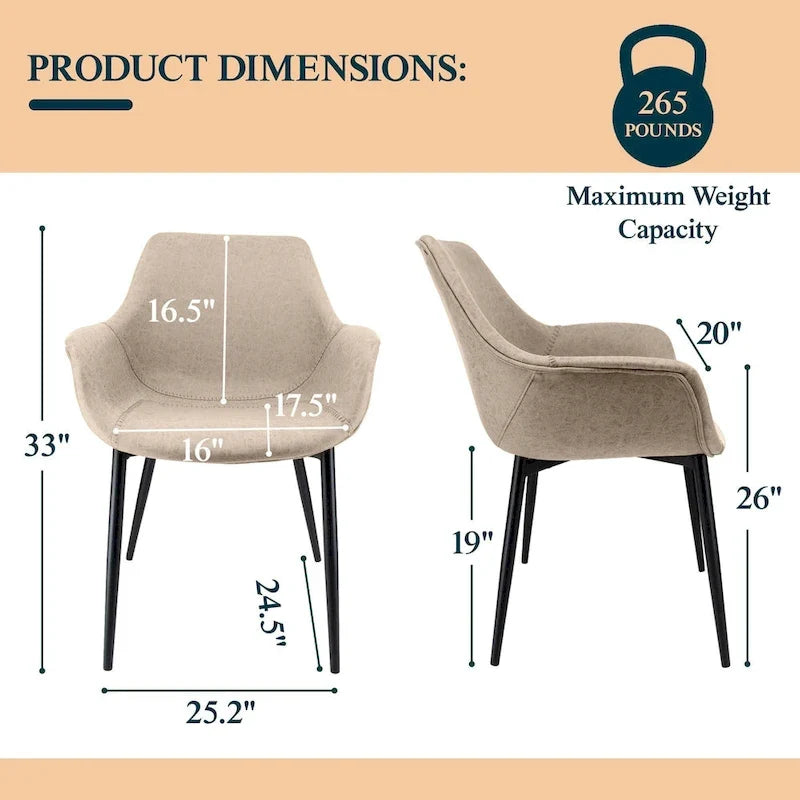Fauteuil de salle à manger avec pieds en métal - 24.5Dx25.2Wx33H