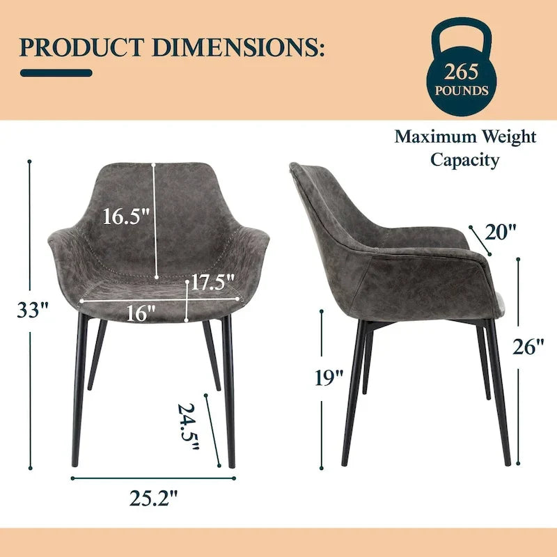 Fauteuil de salle à manger avec pieds en métal - 24.5Dx25.2Wx33H