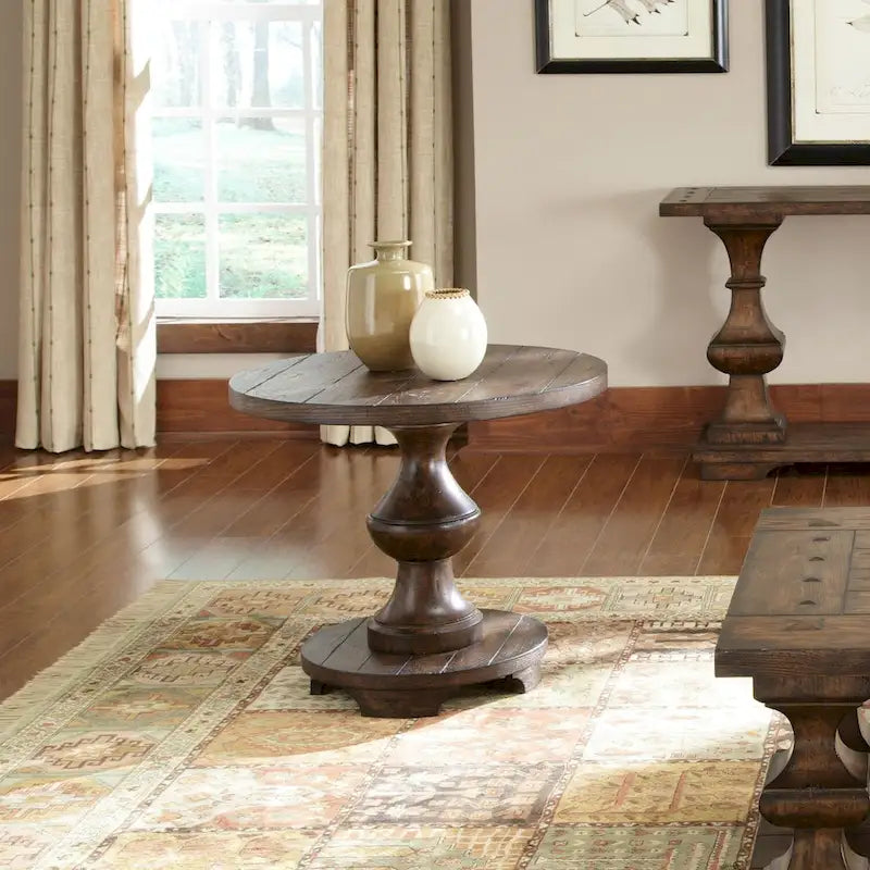 Sedona Kona Brown End Round End Table Heavy Oak Planked Top