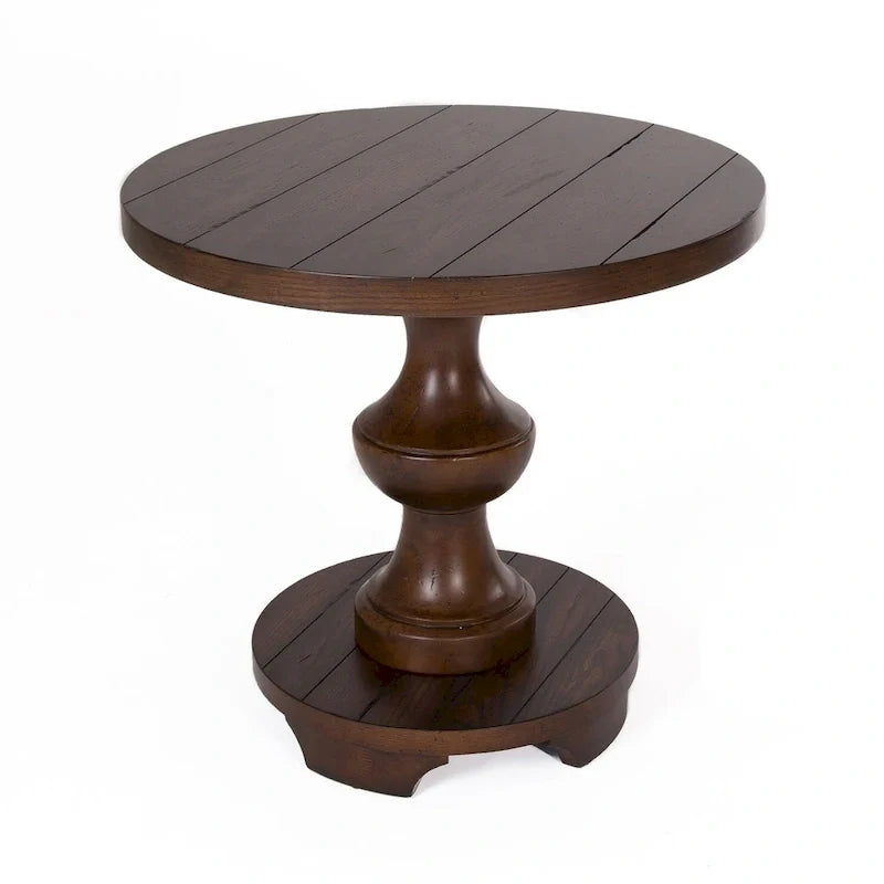 Table d'appoint ronde brune avec plateau épais en chêne à lattes