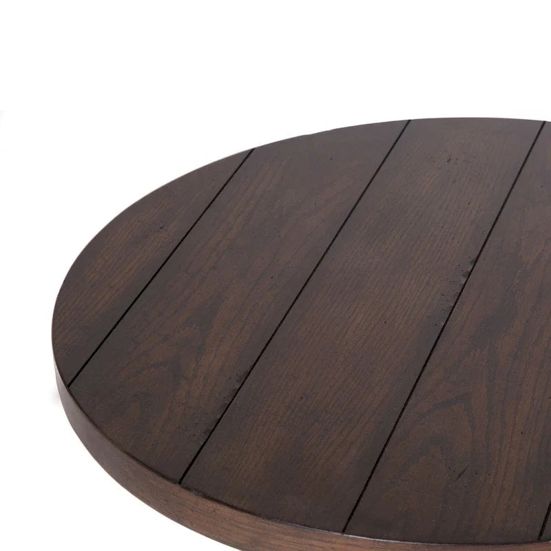Table d'appoint ronde brune avec plateau épais en chêne à lattes
