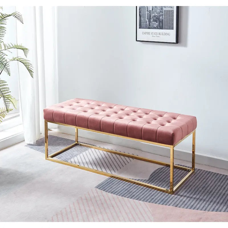 Tufted Velvet Bench with Gold Chrome Legs