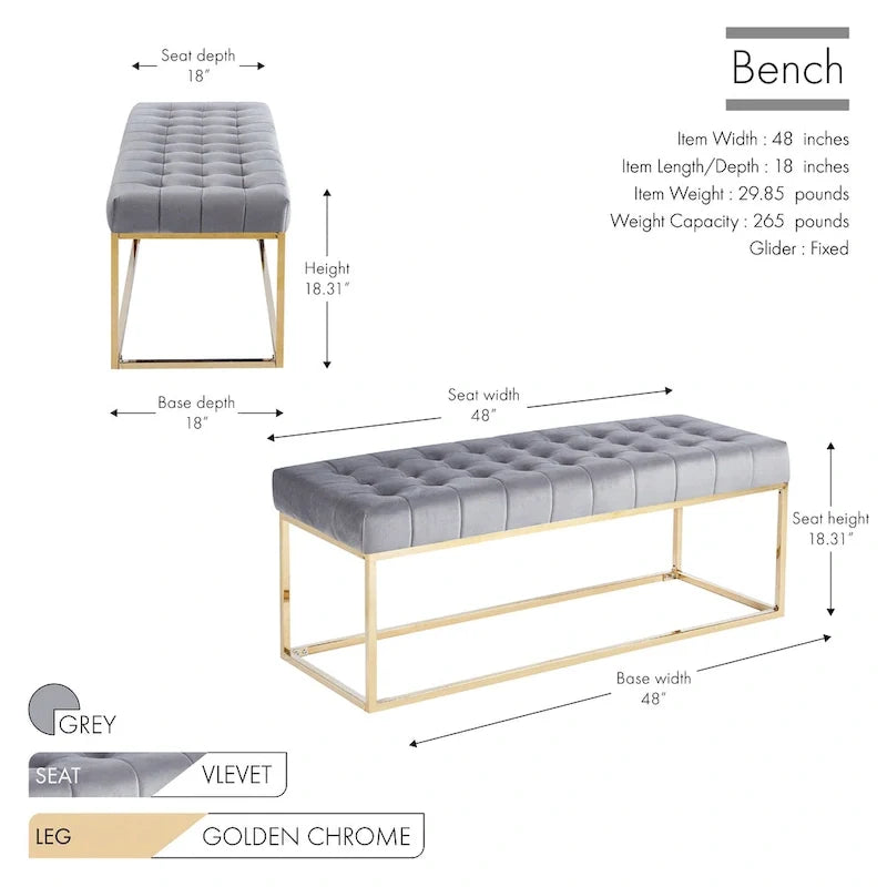 Tufted Velvet Bench with Gold Chrome Legs