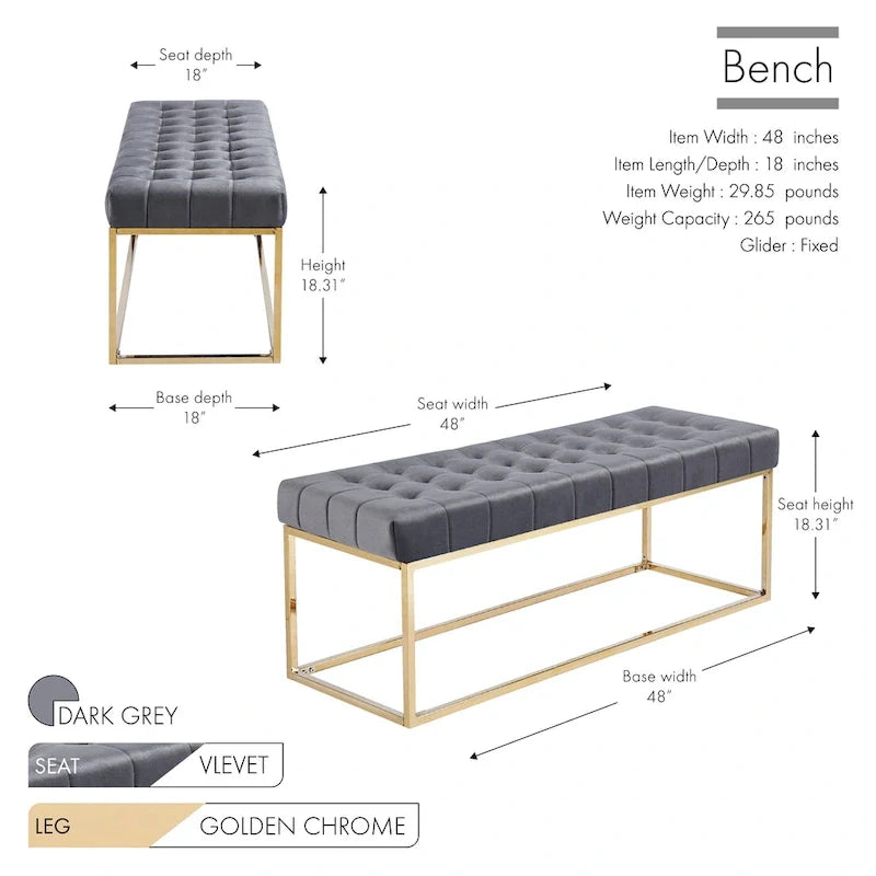 Tufted Velvet Bench with Gold Chrome Legs