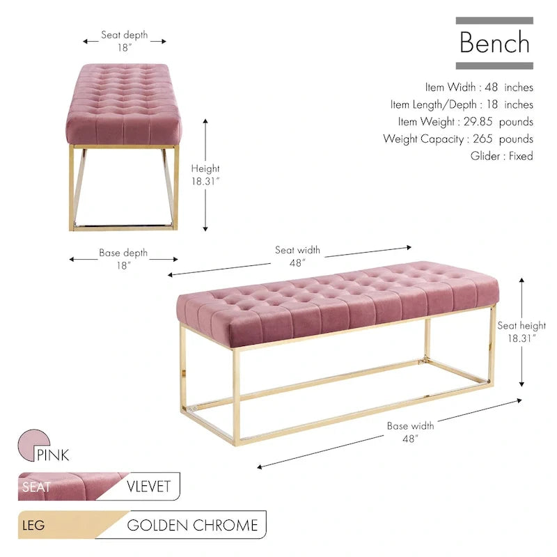 Tufted Velvet Bench with Gold Chrome Legs