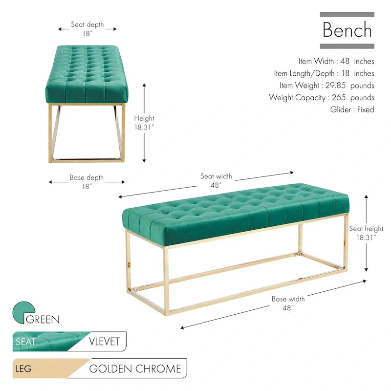 Tufted Velvet Bench with Gold Chrome Legs