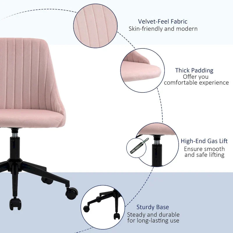Chaise de bureau à dossier mi-haut en velours, pivotante et festonnée, pour bureau à domicile ou chambre
