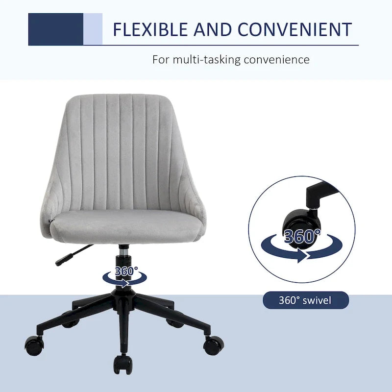 Chaise de bureau à dossier mi-haut en velours, pivotante et festonnée, pour bureau à domicile ou chambre