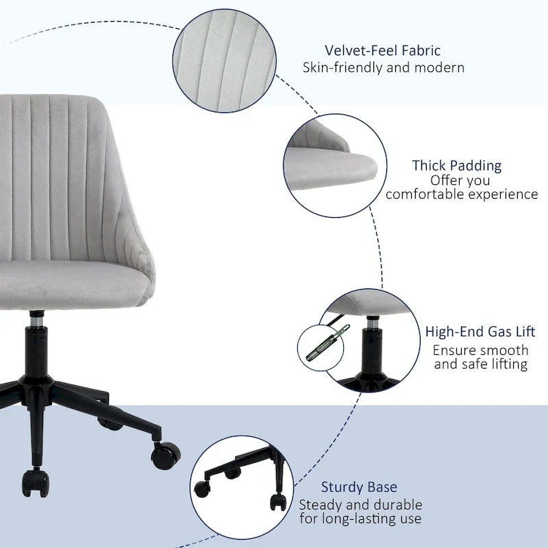 Chaise de bureau à dossier mi-haut en velours, pivotante et festonnée, pour bureau à domicile ou chambre