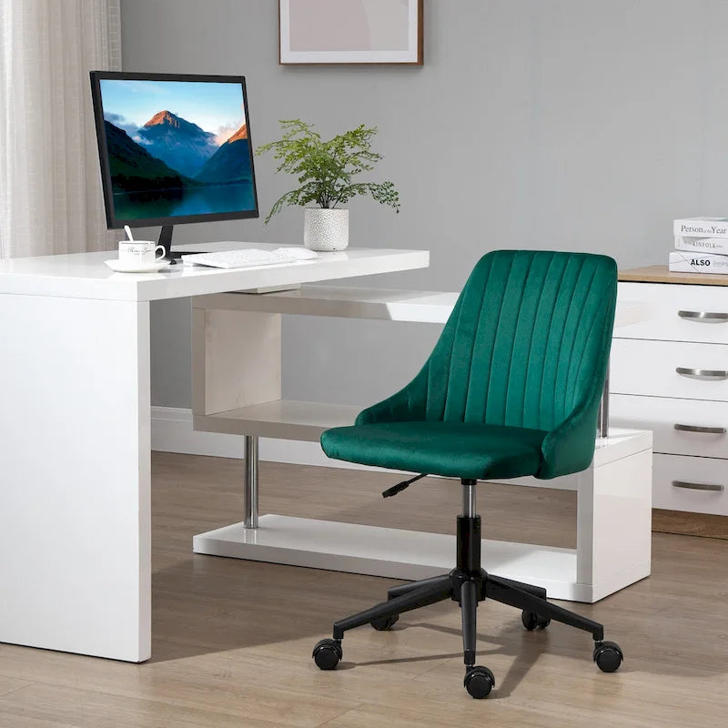 Chaise de bureau à dossier mi-haut en velours, pivotante et festonnée, pour bureau à domicile ou chambre