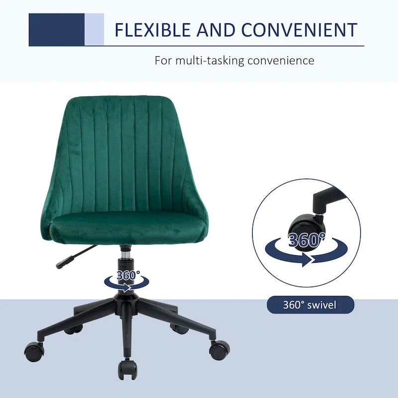 Chaise de bureau à dossier mi-haut en velours, pivotante et festonnée, pour bureau à domicile ou chambre