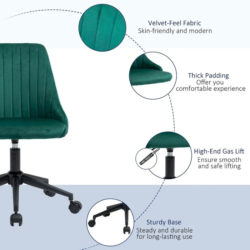 Chaise de bureau à dossier mi-haut en velours, pivotante et festonnée, pour bureau à domicile ou chambre