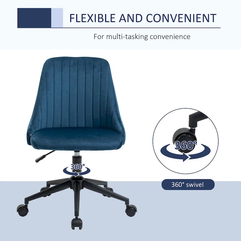 Chaise de bureau à dossier mi-haut en velours, pivotante et festonnée, pour bureau à domicile ou chambre