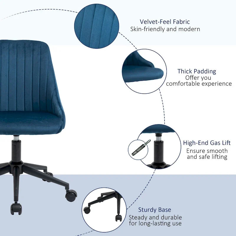 Chaise de bureau à dossier mi-haut en velours, pivotante et festonnée, pour bureau à domicile ou chambre