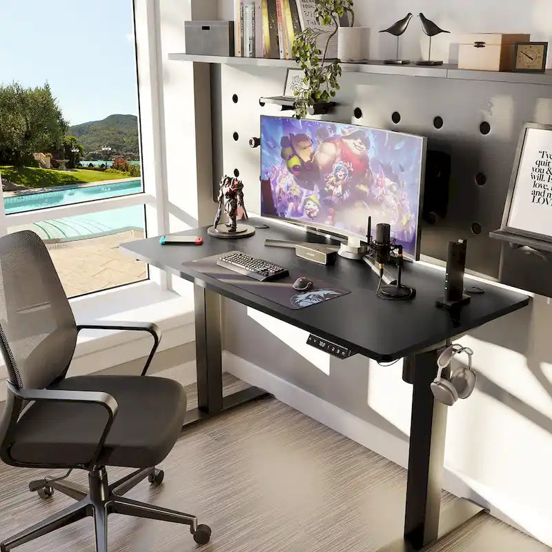 Bureau assis-debout électrique réglable en hauteur avec plateau en panneaux assemblés