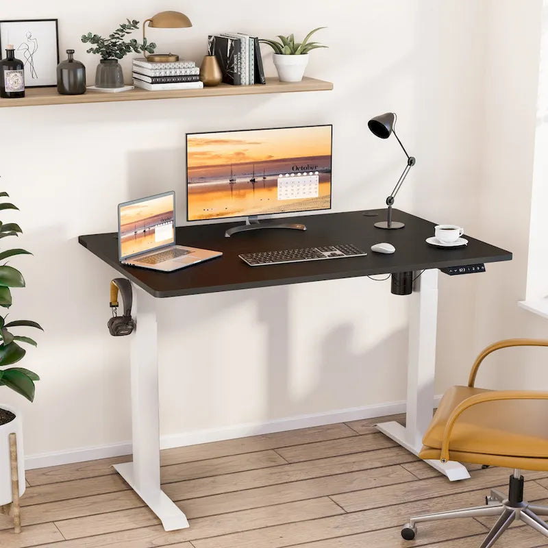 Bureau assis-debout électrique réglable en hauteur avec plateau en panneaux assemblés