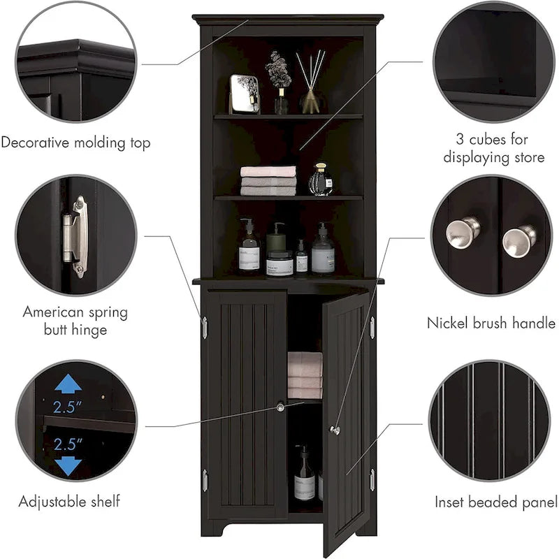 Tall Corner Cabinet, Free Standing Corner Storage Cabinet with Doors and Adjustable Shelves