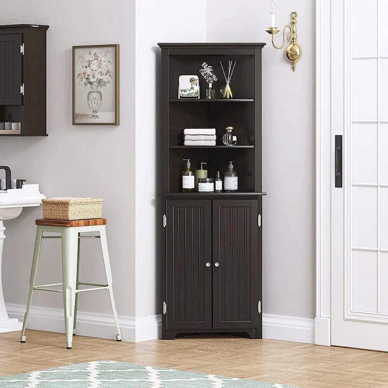 Tall Corner Cabinet, Free Standing Corner Storage Cabinet with Doors and Adjustable Shelves