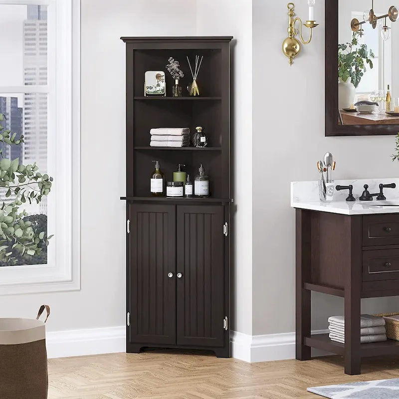 Tall Corner Cabinet, Free Standing Corner Storage Cabinet with Doors and Adjustable Shelves