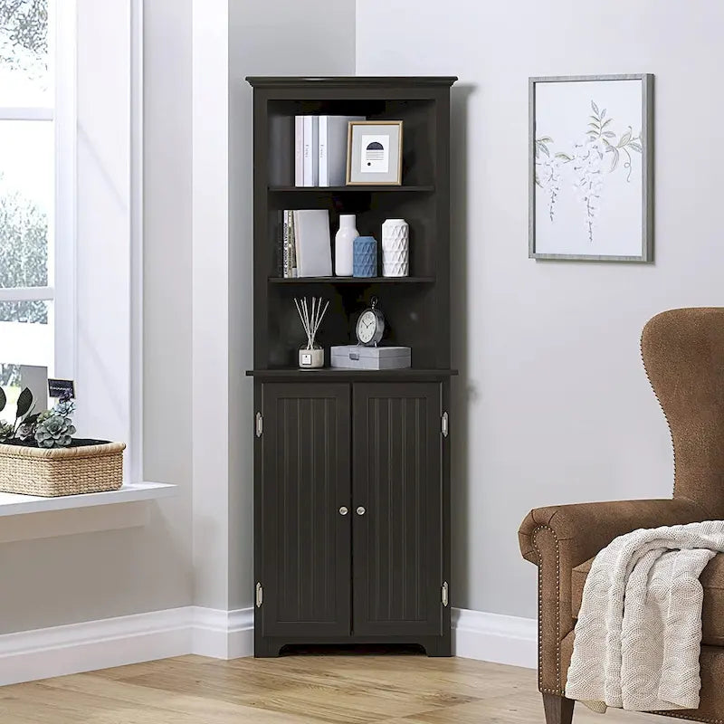 Tall Corner Cabinet, Free Standing Corner Storage Cabinet with Doors and Adjustable Shelves