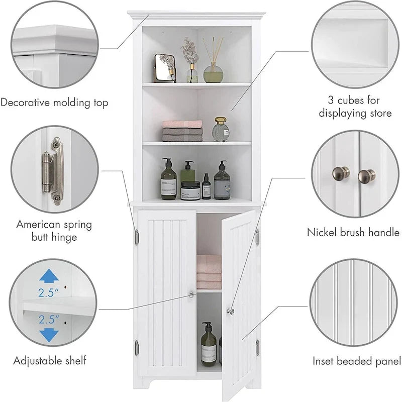 Tall Corner Cabinet, Free Standing Corner Storage Cabinet with Doors and Adjustable Shelves
