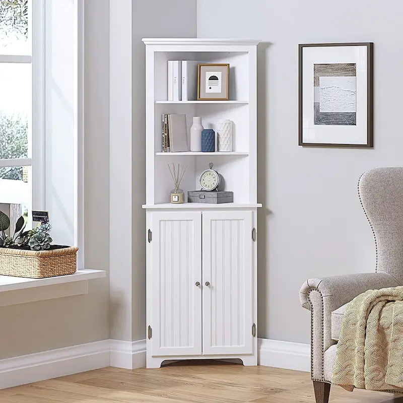Tall Corner Cabinet, Free Standing Corner Storage Cabinet with Doors and Adjustable Shelves