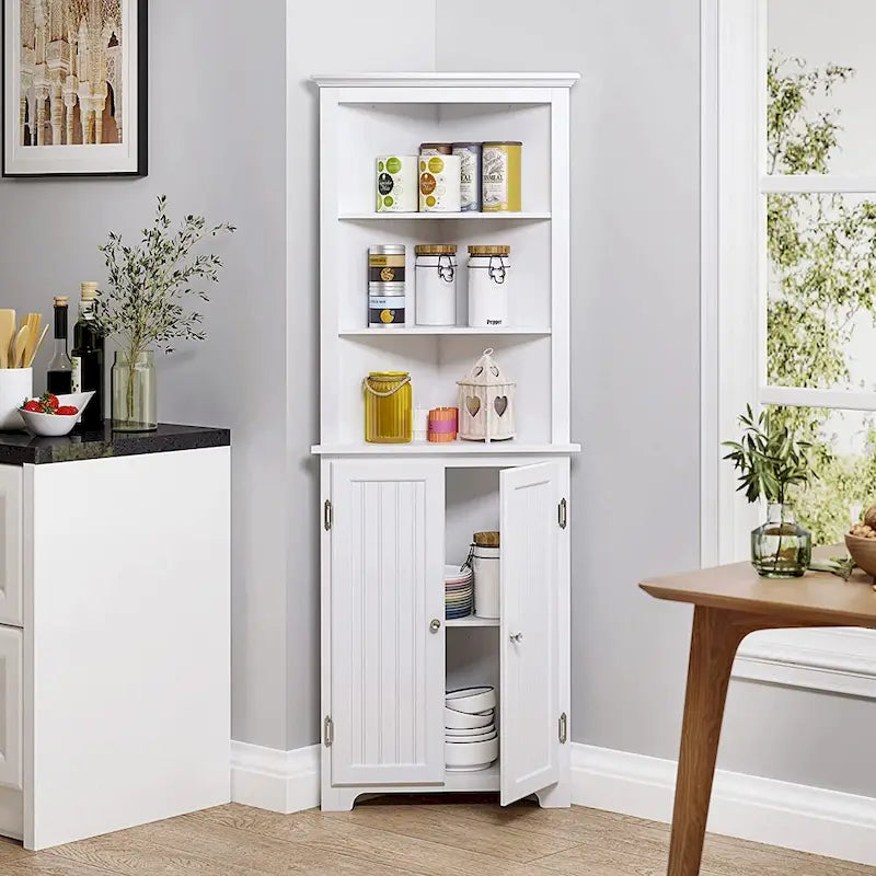 Tall Corner Cabinet, Free Standing Corner Storage Cabinet with Doors and Adjustable Shelves