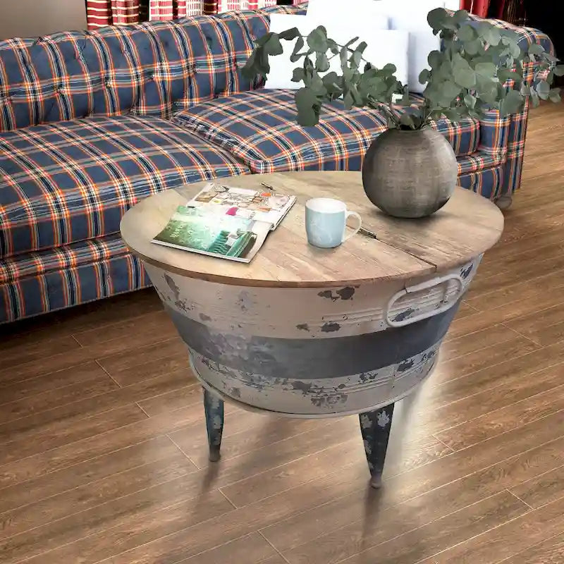 26 inch Accent Round Cocktail Table, Tub Like Iron Base, Brown, Gray, Washed White