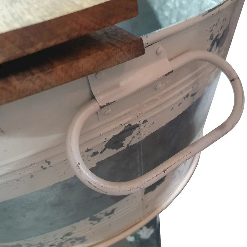 Table basse ronde d’appoint de 26 pouces, base en fer en forme de baignoire, marron, gris, blanc délavé