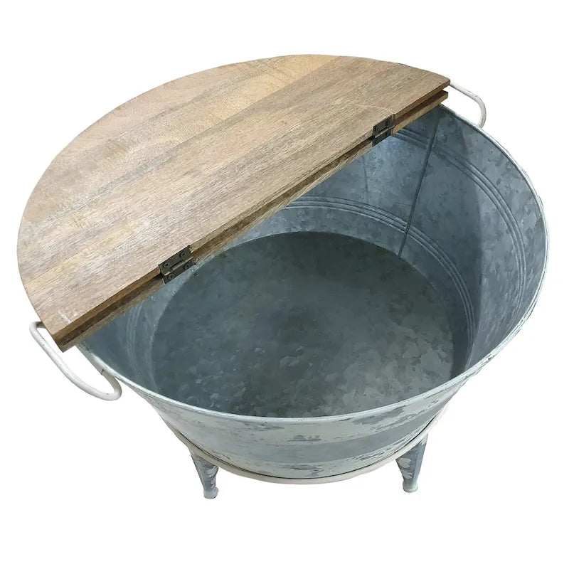 Runder Cocktailtisch mit 26 Zoll Durchmesser, trommelartigem Eisengestell, Braun, Grau, gekalktes Weiß