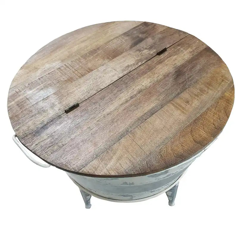 Table basse ronde d’appoint de 26 pouces, base en fer en forme de baignoire, marron, gris, blanc délavé