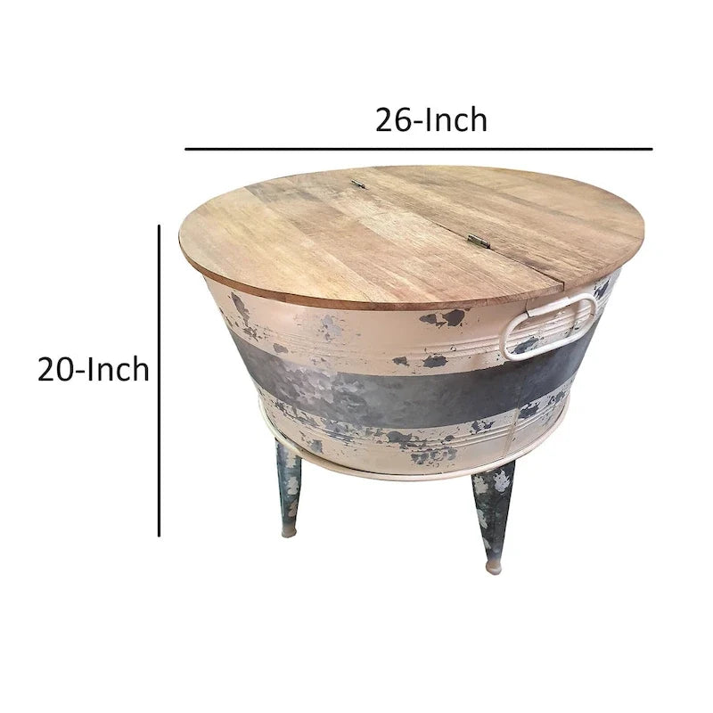 Runder Cocktailtisch mit 26 Zoll Durchmesser, trommelartigem Eisengestell, Braun, Grau, gekalktes Weiß