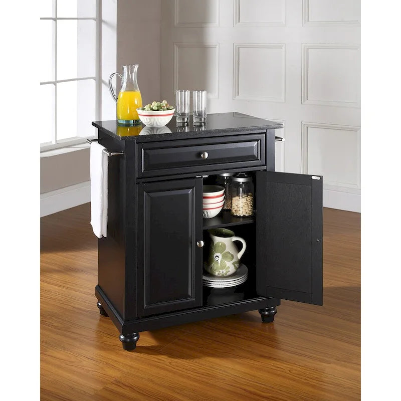 Îlot de cuisine portable avec plateau en granit noir massif, finition noire - 18d x 31w x 35h