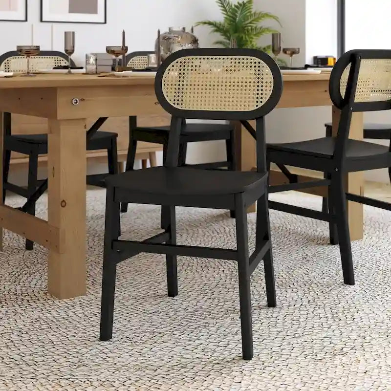 Chaises en rotin tressé avec dossier tressé, cadre en bois et assise en bois