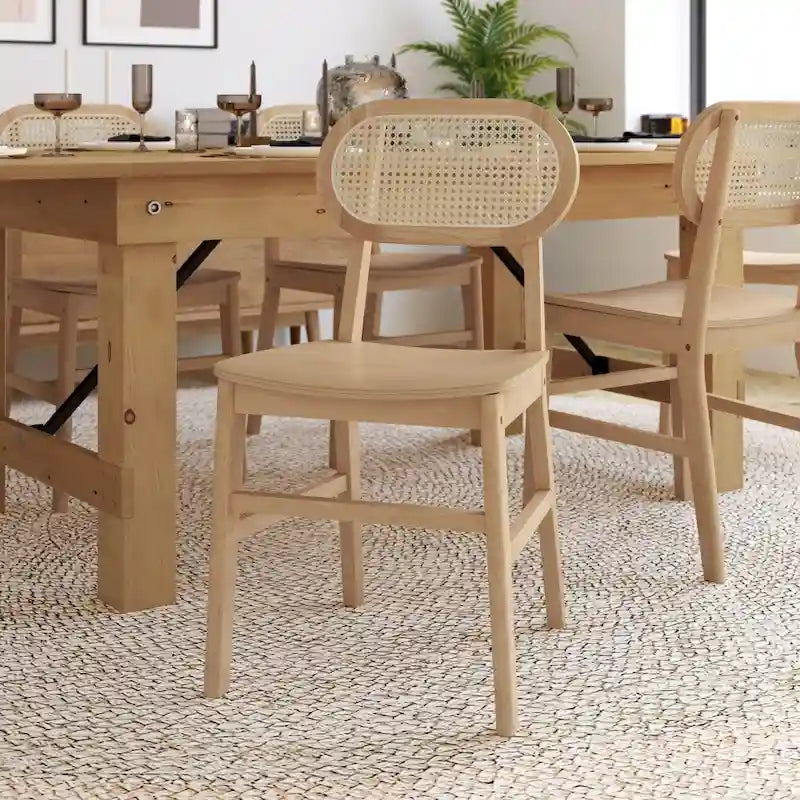 Chaises en rotin tressé avec dossier tressé, cadre en bois et assise en bois