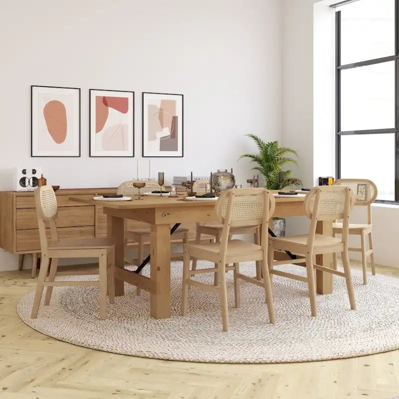 Woven Back Wood Framed Cane Rattan Chairs with Wood Seats
