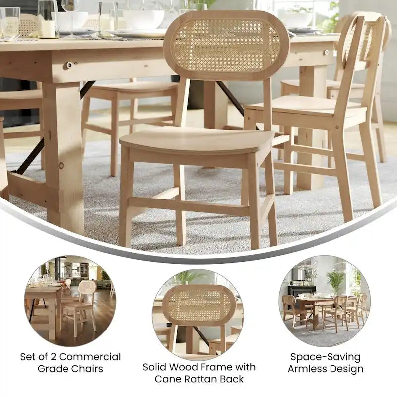 Woven Back Wood Framed Cane Rattan Chairs with Wood Seats