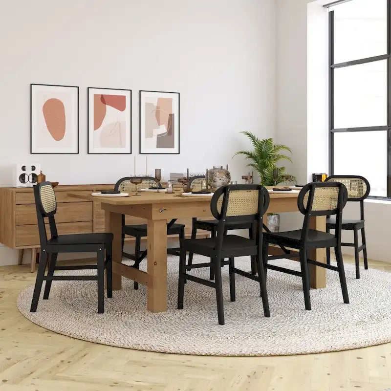 Woven Back Wood Framed Cane Rattan Chairs with Wood Seats