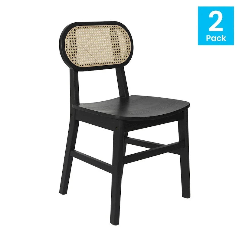 Woven Back Wood Framed Cane Rattan Chairs with Wood Seats
