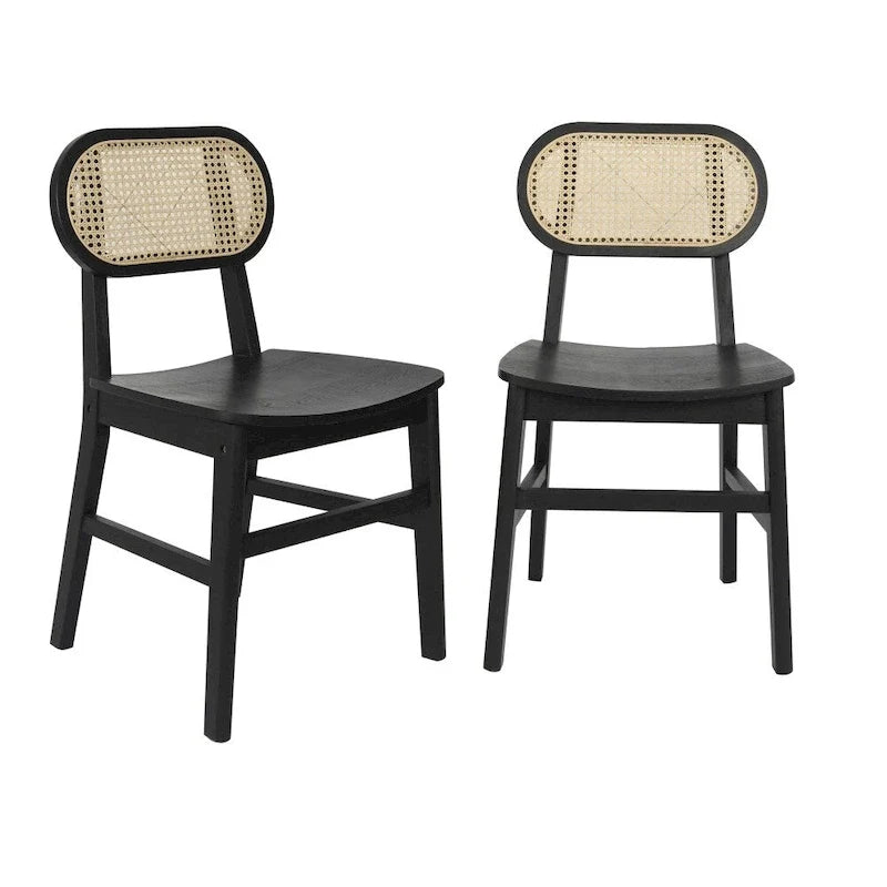 Woven Back Wood Framed Cane Rattan Chairs with Wood Seats