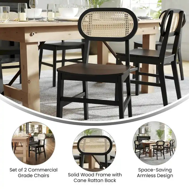 Woven Back Wood Framed Cane Rattan Chairs with Wood Seats