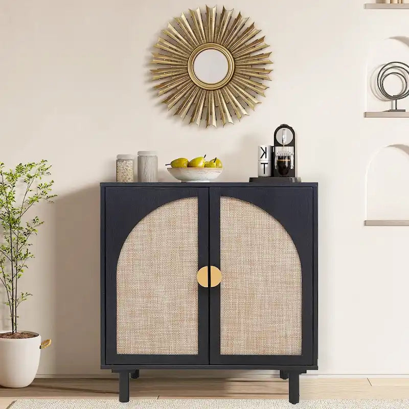 Buffet de rangement d’appoint en rotin avec portes, buffet bahut - 29.53Lx15.75Wx31.5H