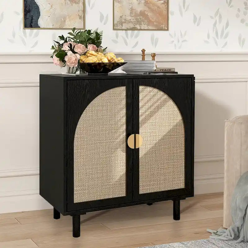 Buffet de rangement d’appoint en rotin avec portes, buffet bahut - 29.53Lx15.75Wx31.5H