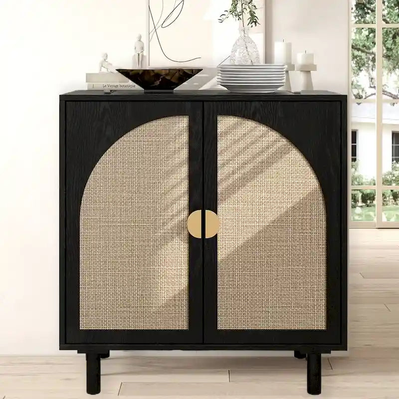 Buffet de rangement d’appoint en rotin avec portes, buffet bahut - 29.53Lx15.75Wx31.5H